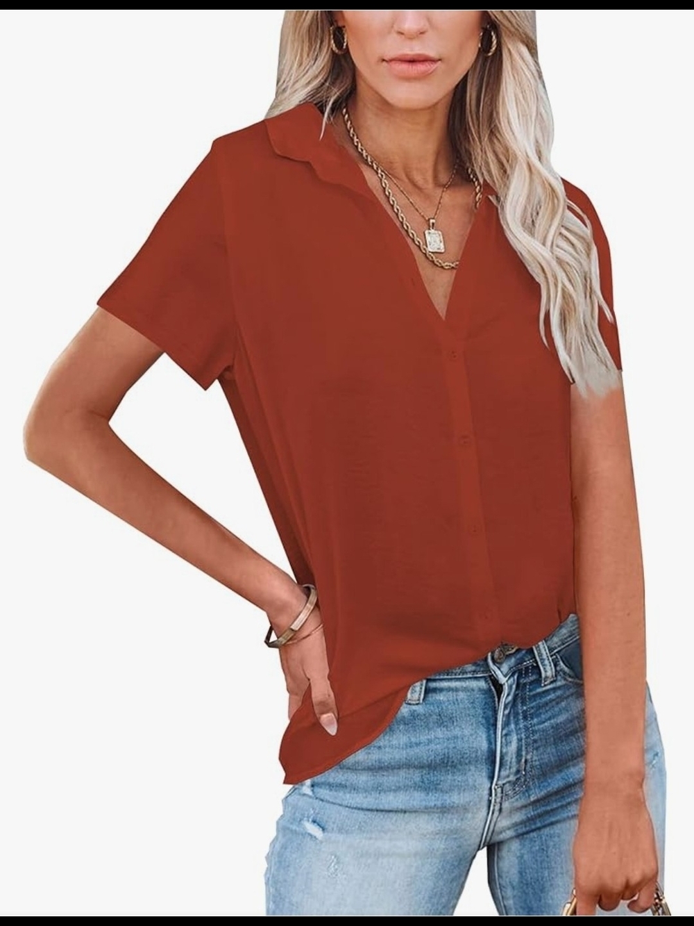 Women’s Short Sleeve Collared V-Neck Blouse - Rust